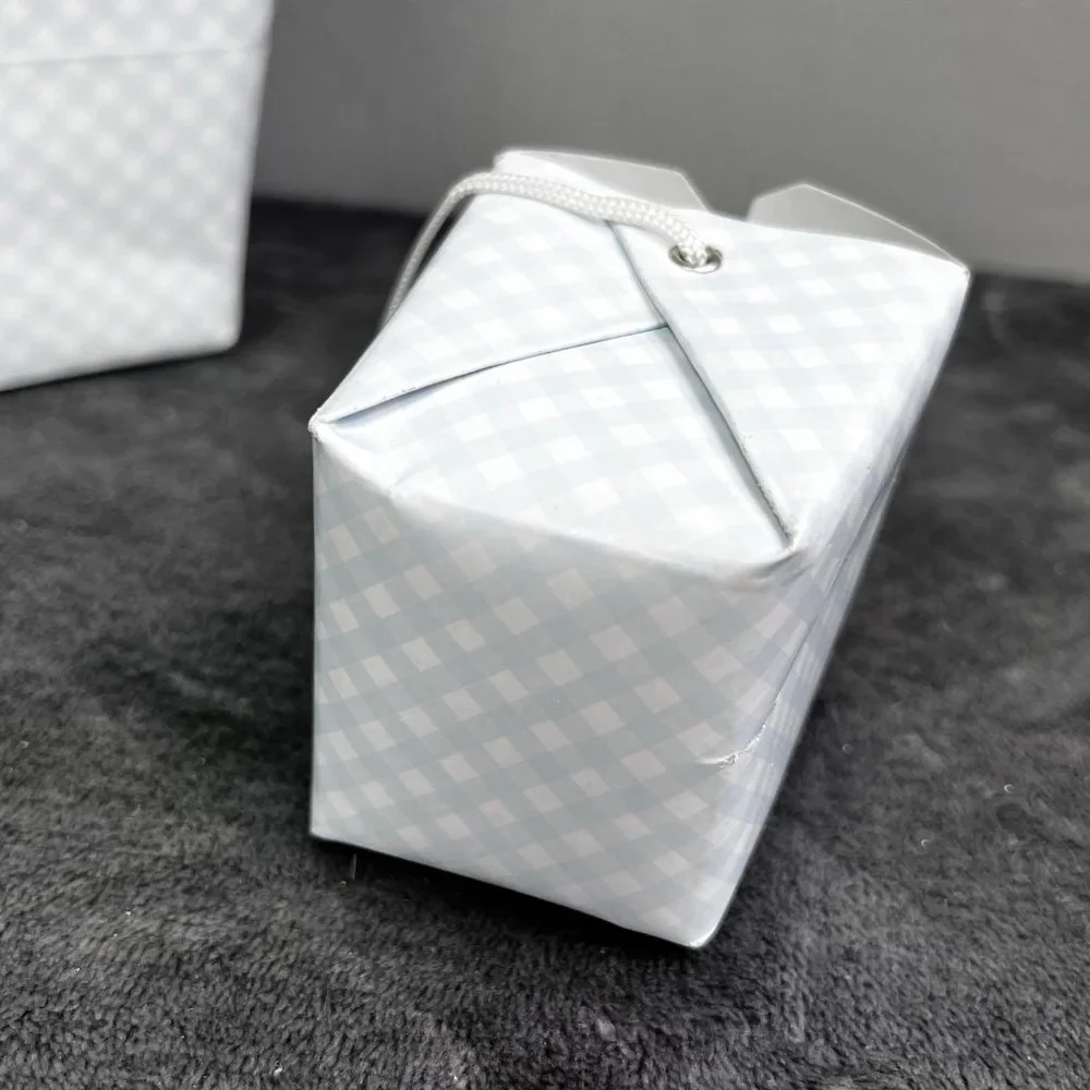 Lot 6 Mini Take Out Boxes Gingham Blue White Check Carrying Handle Gift Goody